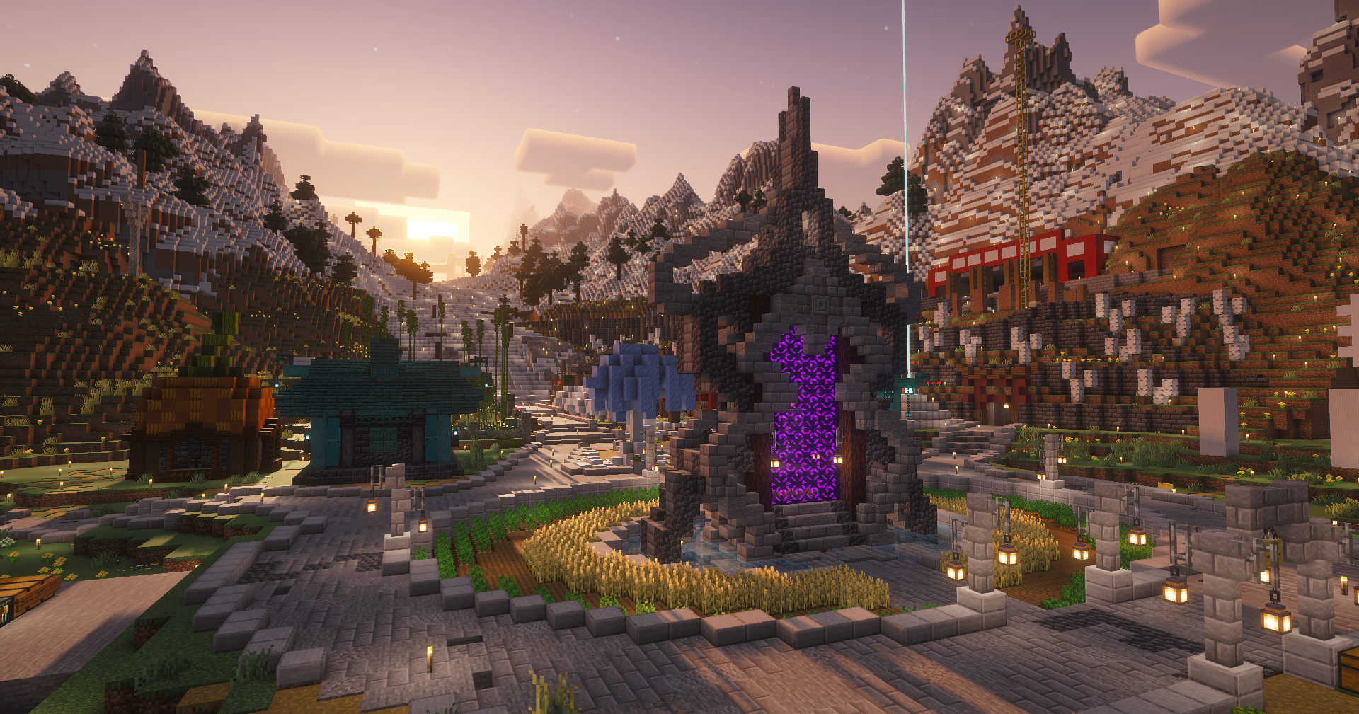 The EmpireCraft spawn valley at dusk, with paths, builds, and a Nether portal